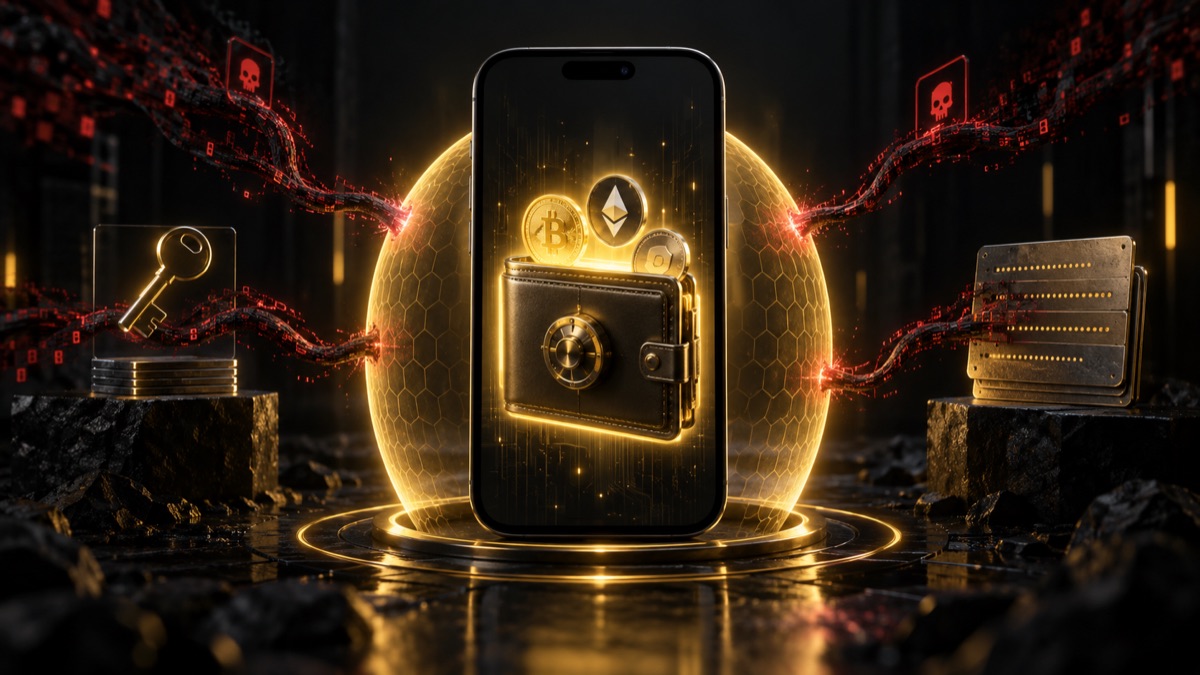 Illustration of device-level malware attempting to reach a crypto wallet inside an iPhone
